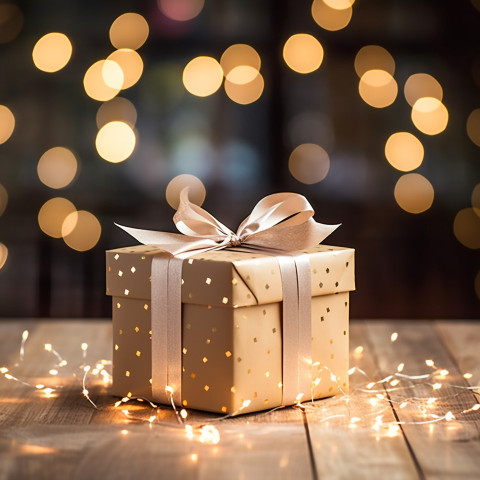 Beautiful gift box tied with a bow on a wooden table