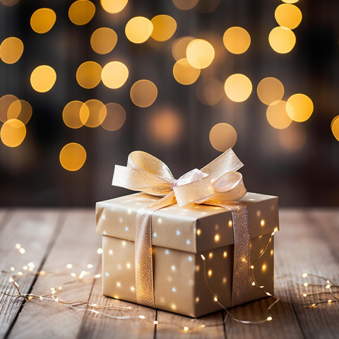 Beautiful gift box tied with a bow on a wooden table