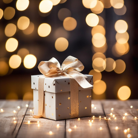 Beautiful gift box tied with a bow on a wooden table