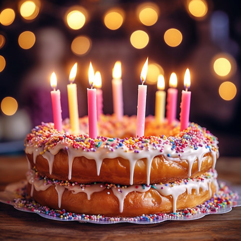 Birthday cake with lit candles