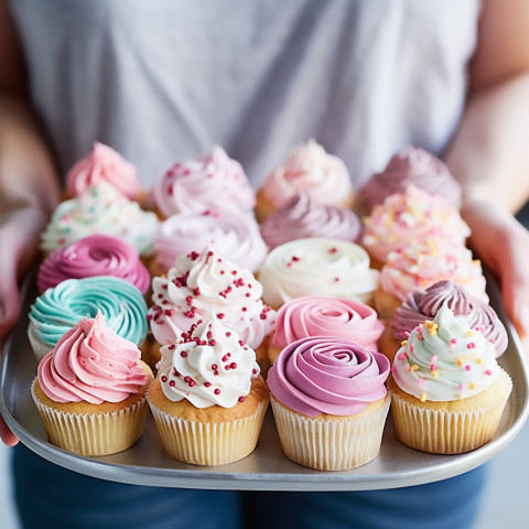 Delicious iced cupcakes on a platter