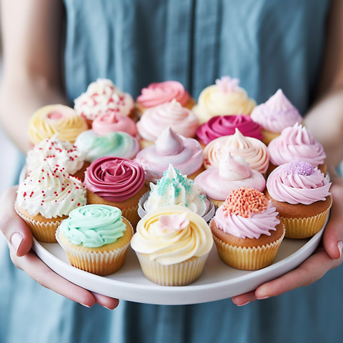 Delicious iced cupcakes on a platter