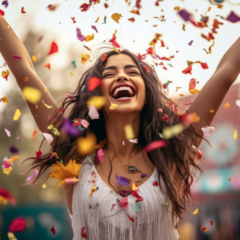 Woman throws confetti with a joyful smile