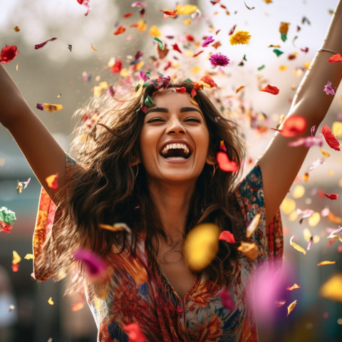 Woman throws confetti with a joyful smile