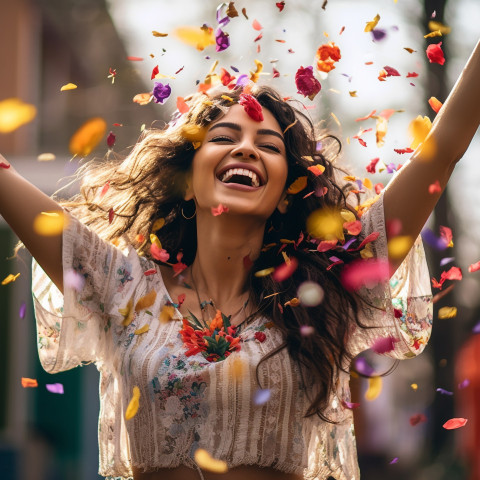 Woman throws confetti with a joyful smile