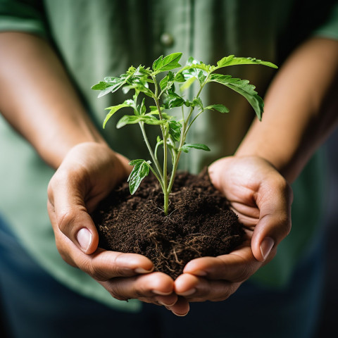 Hands holding a growing plant