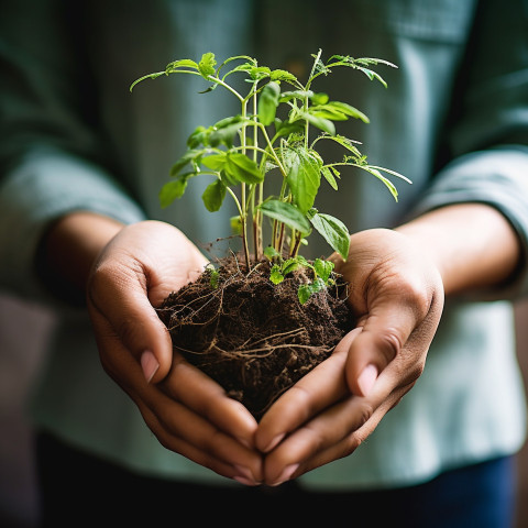 Hands holding a growing plant