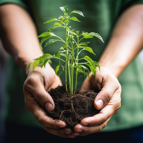 Hands holding a growing plant