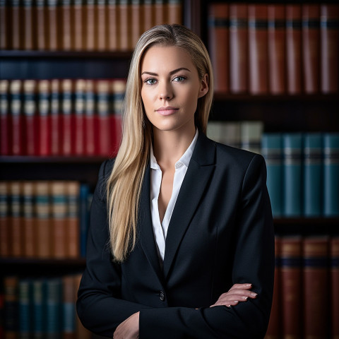 Knowledgeable female lawyer poses beside a comprehensive law library