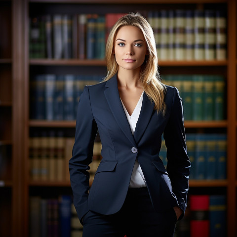 Knowledgeable female lawyer poses beside a comprehensive law library