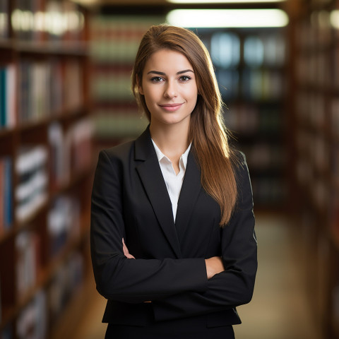 Skilled female legal assistant efficiently tackles tasks on blurred background