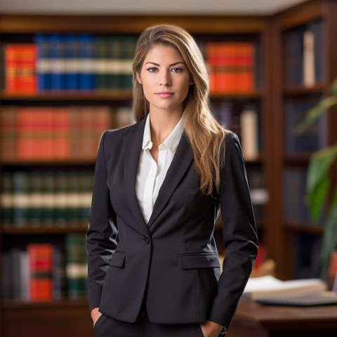 Skilled female legal assistant efficiently tackles tasks on blurred background