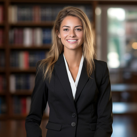 Approachable female attorney working with a welcoming smile on blurred background