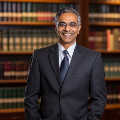 Approachable Indian lawyer working with a smile on blurred background