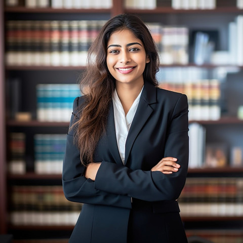 Smiling Indian woman lawyer working in office a blurred background