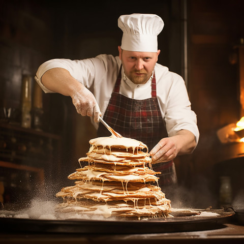 Skilled chef expertly flips golden pancakes on a sizzling griddle