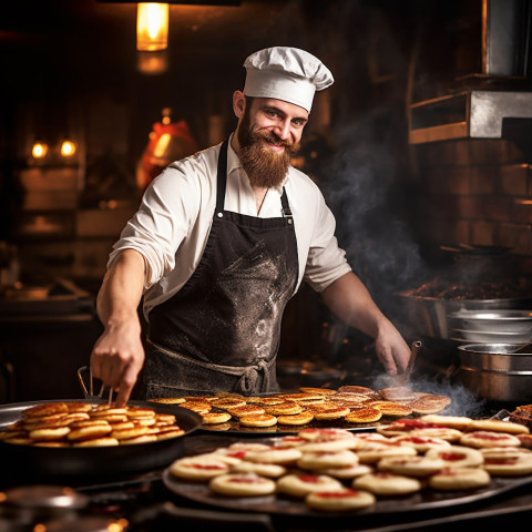 Skilled chef expertly flips golden pancakes on a sizzling griddle