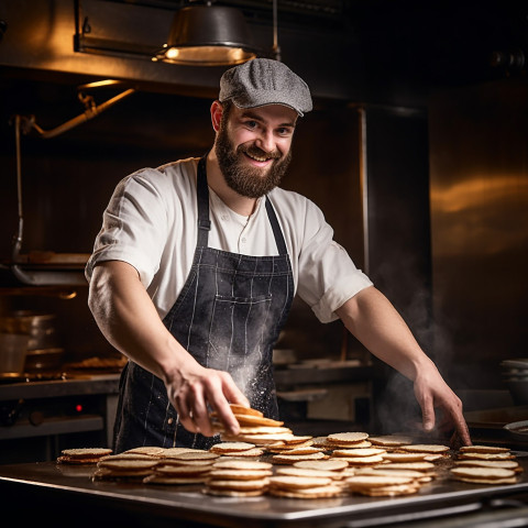 Skilled chef expertly flips golden pancakes on a sizzling griddle