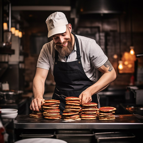 Skilled chef expertly flips golden pancakes on a sizzling griddle