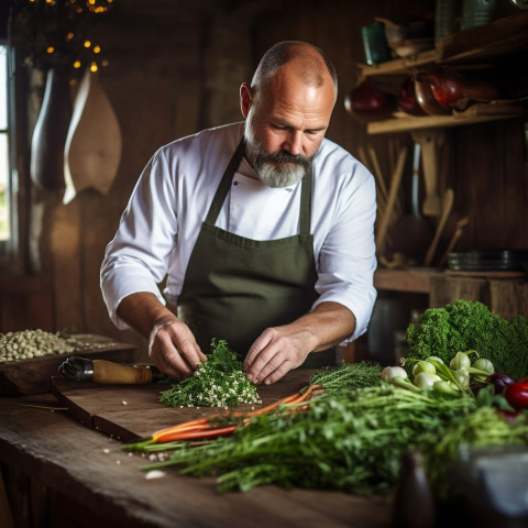 Skilled cook prepares fresh herbs in a cozy