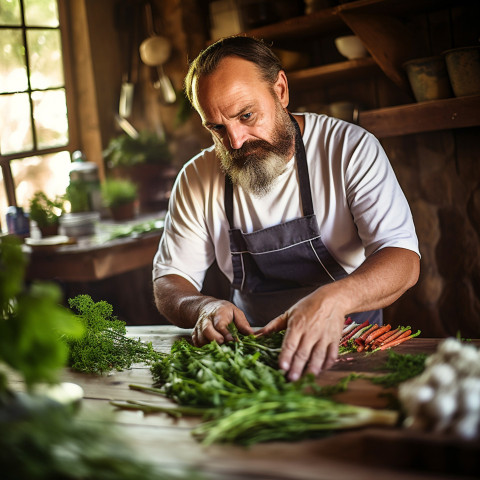 Skilled cook prepares fresh herbs in a cozy