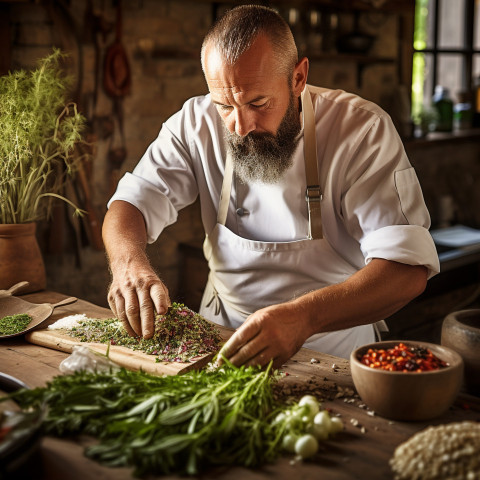 Skilled cook prepares fresh herbs in a cozy