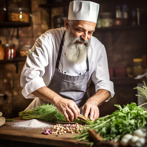 Skilled cook prepares fresh herbs in a cozy