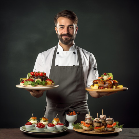 Stylish chef proudly showcases an elegant starter dish