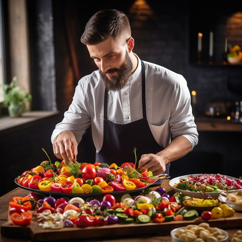 Skilled chef creatively arranges a colorful fruit platter