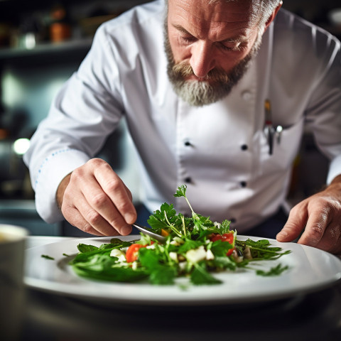 Chef adds a fresh mint garnish to enhance the dish presentation