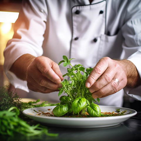 Chef adds a fresh mint garnish to enhance the dish presentation