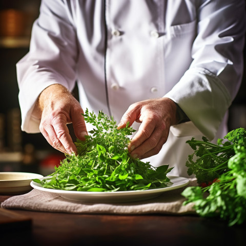 Chef adds a fresh mint garnish to enhance the dish presentation