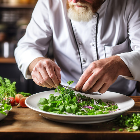 Chef adds a fresh mint garnish to enhance the dish presentation