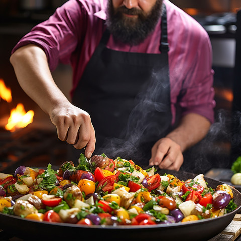 Experienced cook grills veggies for a healthy salad