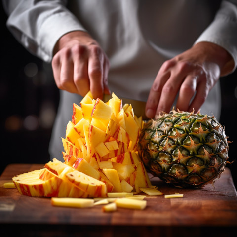 Bartender expertly cuts a juicy pineapple for a refreshing tropical drink