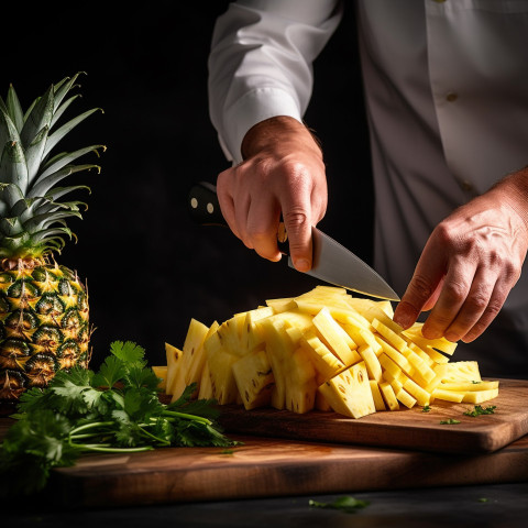 Bartender expertly cuts a juicy pineapple for a refreshing tropical drink