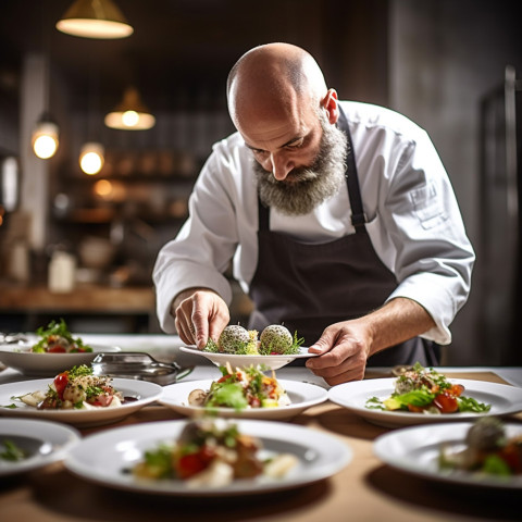 Experienced chef artfully arranges gourmet meal