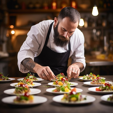 Experienced chef artfully arranges gourmet meal