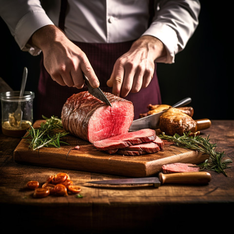 Skilled chef flawlessly cuts beef wellington