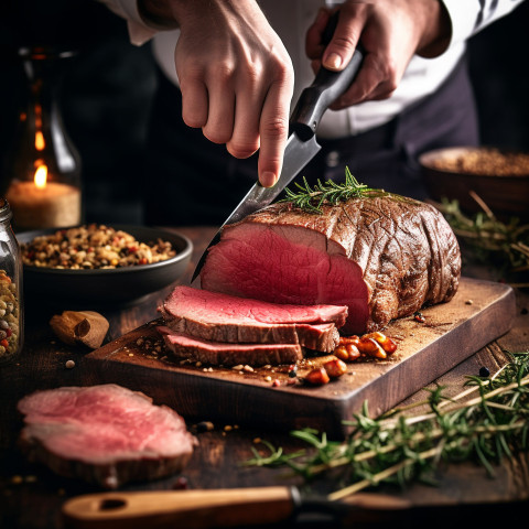 Skilled chef flawlessly cuts beef wellington