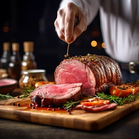 Skilled chef flawlessly cuts beef wellington