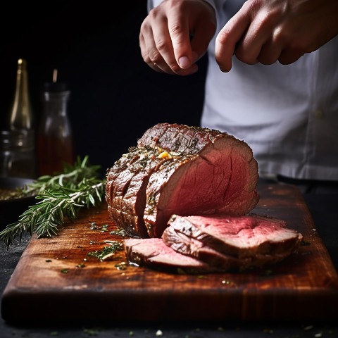 Skilled chef flawlessly cuts beef wellington