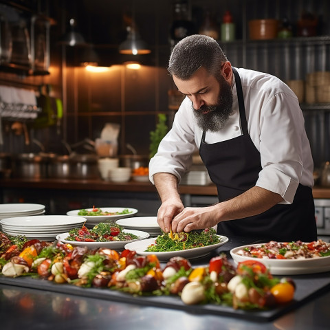 Experienced chef artfully arranges gourmet meal