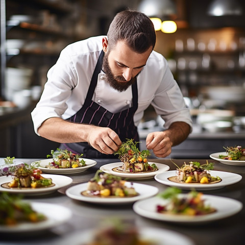 Skilled chef artfully arranges gourmet meal