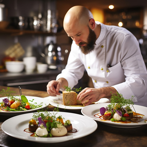 Skilled chef artfully arranges gourmet meal