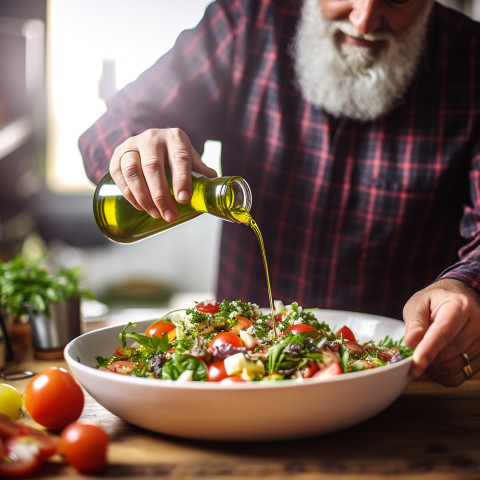 Chef adds a drizzle of olive oil to enhance a fresh salad