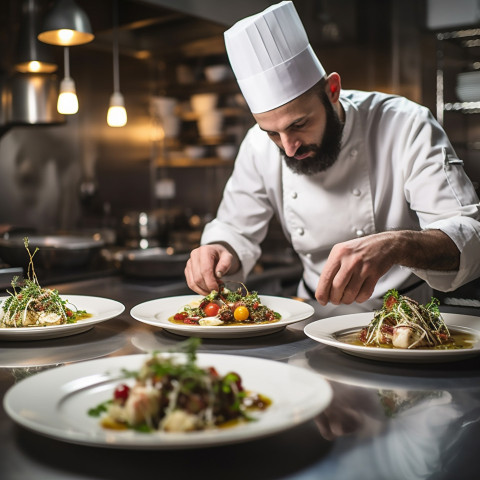 Skilled chef artfully arranges gourmet meal