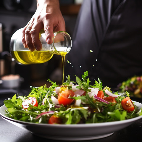 Chef adds a drizzle of olive oil to enhance a fresh salad