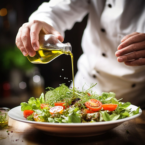 Chef adds a drizzle of olive oil to enhance a fresh salad