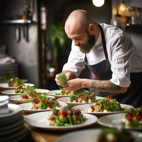 Skilled chef artfully arranges gourmet meal